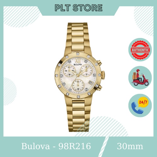 Đồng hồ nữ Bulova 98R216 6 kim dây vàng, mặt trắng Size 30mm Full Box