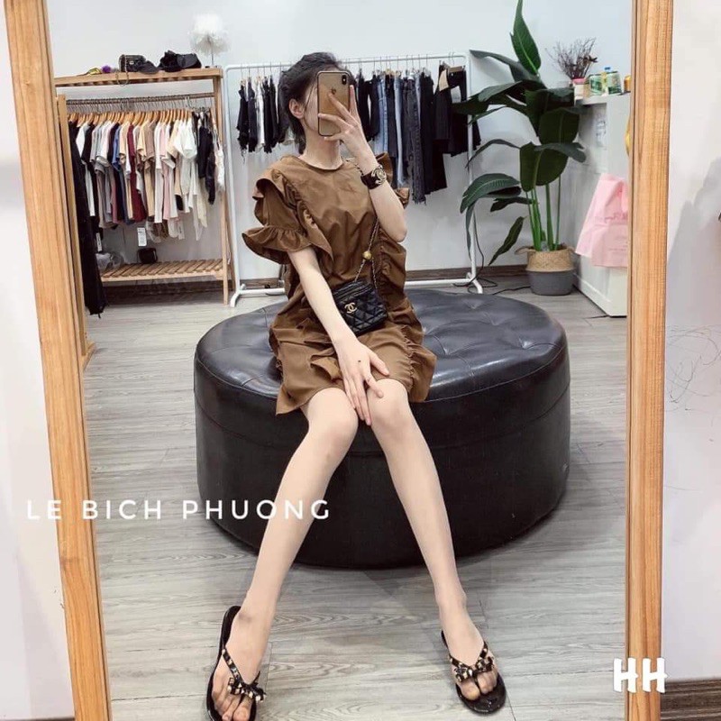 Váy đầm thô trơn nâu viền bèo chất đẹp L1 | BigBuy360 - bigbuy360.vn