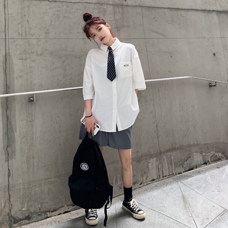 Short-sleeved sun-proof shirt embroidered outerwear student shirt college style Korean style tie loose 2021 summer women's wear 04m7