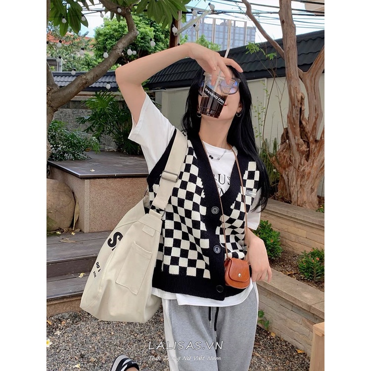 Áo khoác len không tay dáng rộng hoa văn kẻ ô dễ phối đồ thời trang hàn quốc