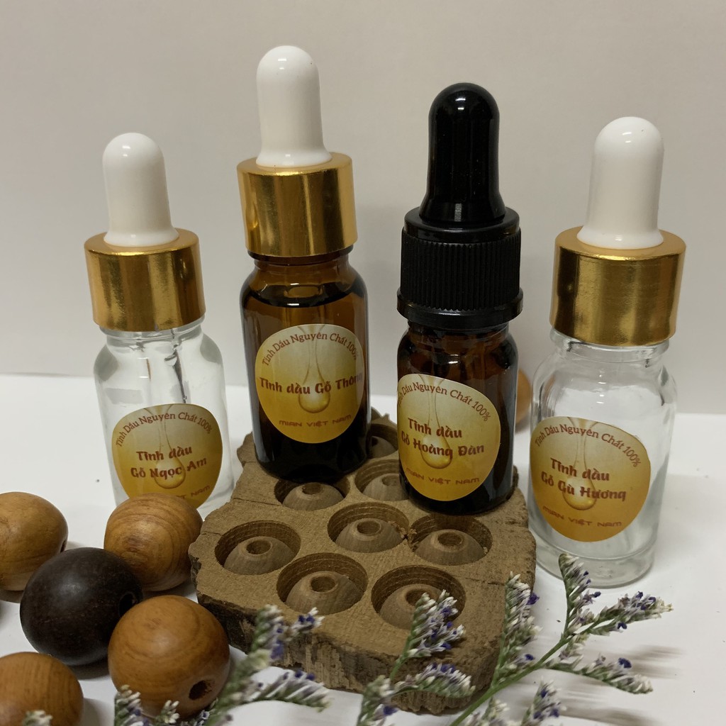 Combo 4 tinh dầu gỗ nguyên chất lọ 10ml (Ngọc am + Thông + Hoàng Đàn + Gù Hương )