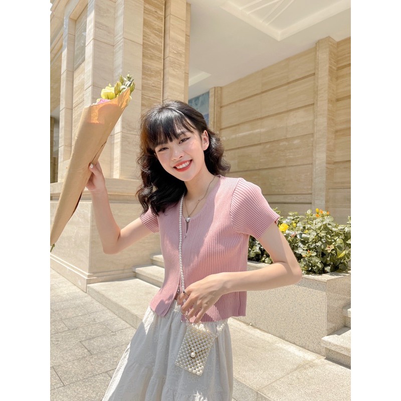 LEN clothing áo croptop dệt kim dây kéo 4 màu 8006