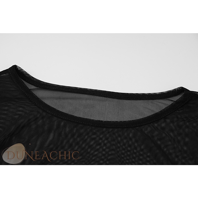 DUNEA Áo Thun Lưới Tay Dài Cổ Tròn Khoét Ngực Gợi Cảm Cho Nữ