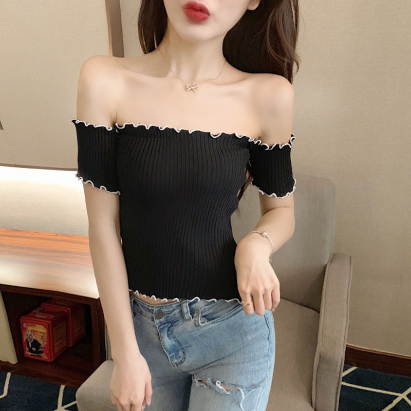 FREESHIP ĐƠN 99K_ Áo dệt kim tay ngắn thiết kế trễ vai quyến rũ