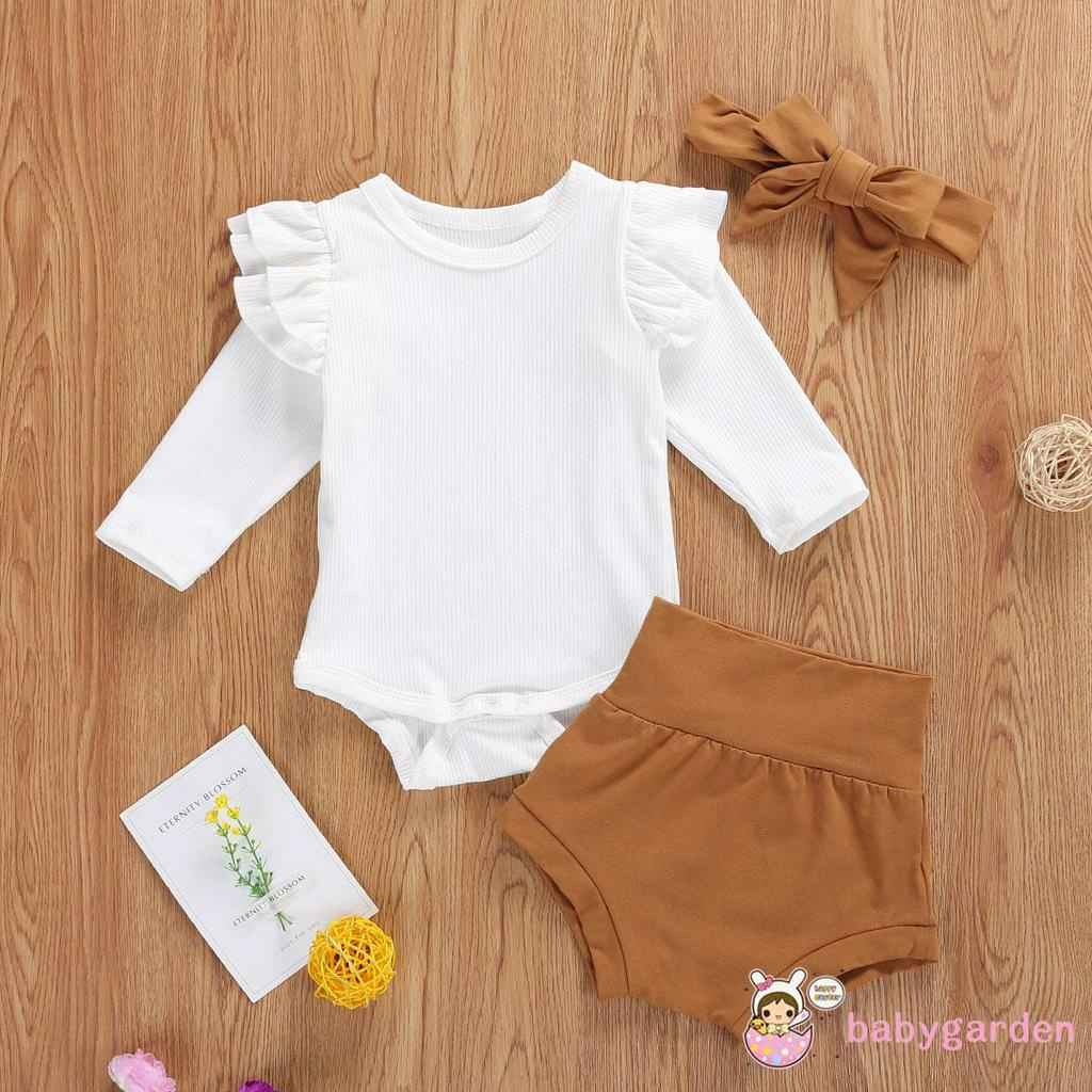 Bộ 3 Cái Gồm Áo Dài Tay Màu Trơn + Quần Short + Băng Buộc Đầu Cho Bé Gái