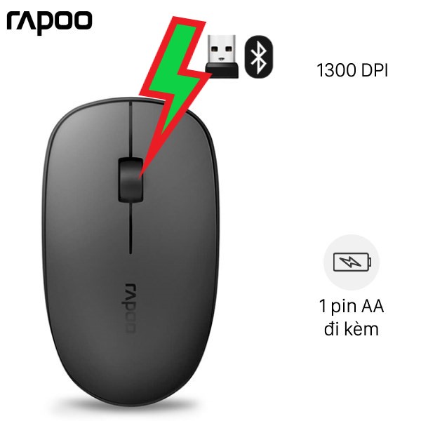 Chuột Không dây Bluetooth Rapoo T200 Đen xám - êm ái, nhẹ nhàng