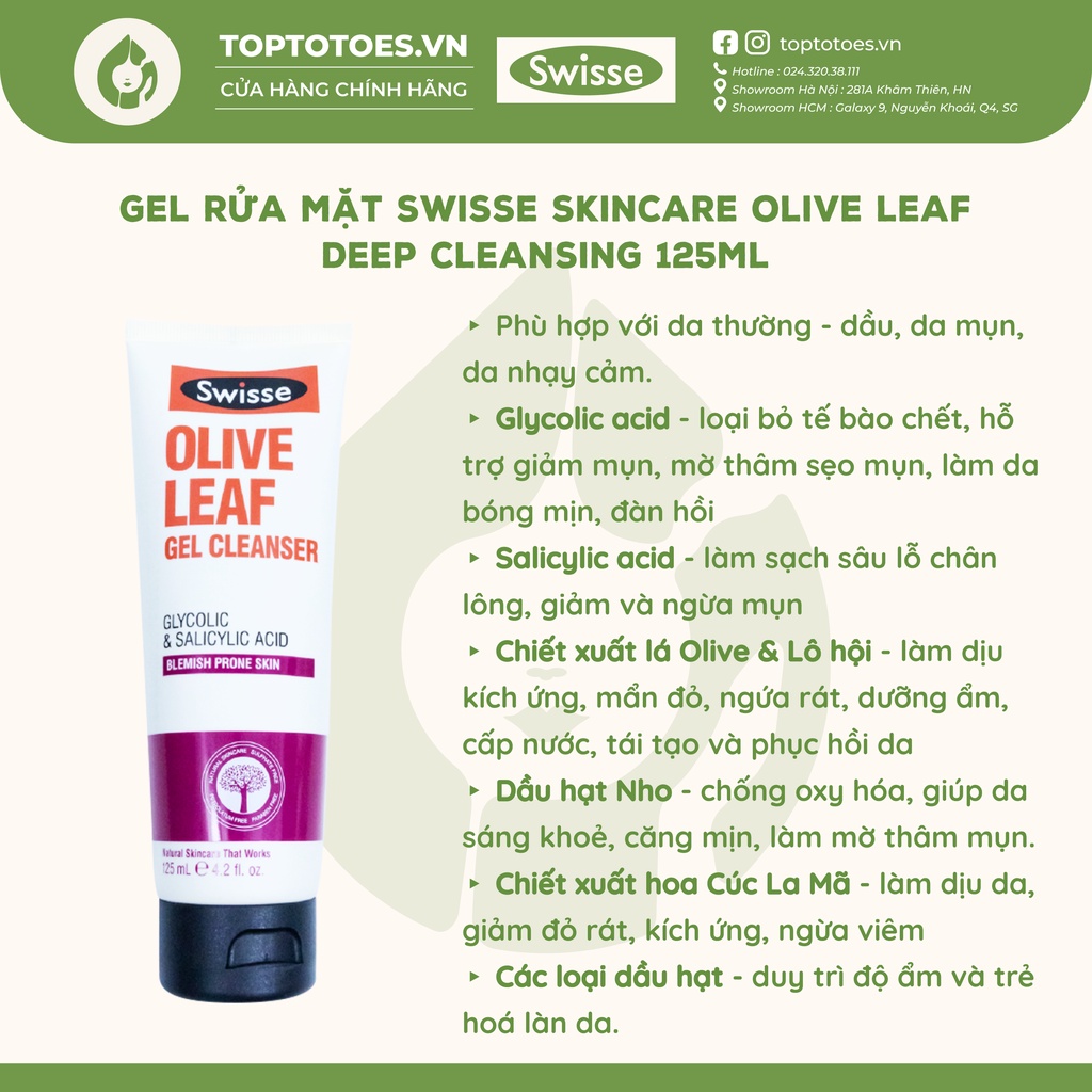 Gel rửa mặt Swisse Skincare Olive Leaf Deep Cleansing làm sạch sâu, ngừa mụn, chống oxy hóa 125ml