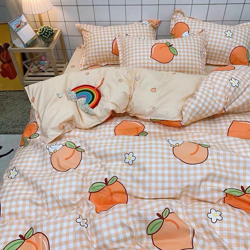 Bộ chăn ga gối Cotton poly M2T bedding, vỏ chăn mền, drap ga giường và 2 vỏ gối - PL Đào cam kẻ