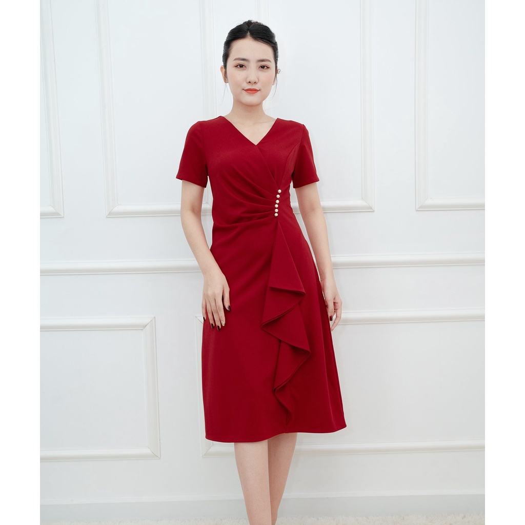 GOTI - Đầm Suông Chữ A Dự Tiệc Trung Niên Nữ Cao Cấp Kiều Đầm Phối Bèo Thun Co Giãn Đính Hạt BigSize Cho Mẹ U40 U50 3321