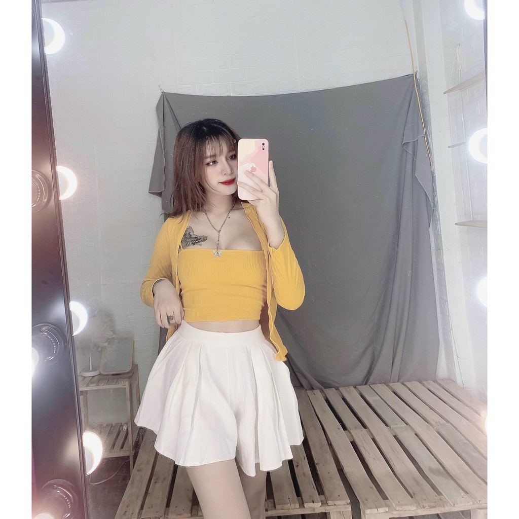 Sét áo hai dây croptop trơn kèm áo khoác nhẹ xinh xinh , chất pogan mềm mịn ( ảnh thật )