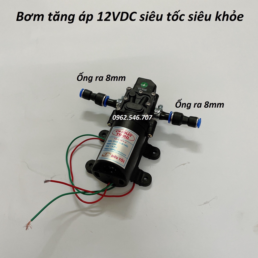 máy bơm nước mini 12v áp lực cao - (bơm tăng áp Việt nhật 12v + chuyển ống 8mm)