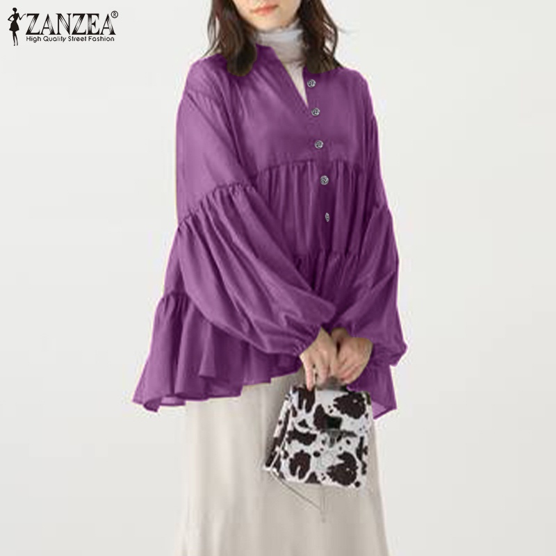 Áo kiểu Zanzea tay phồng dài chất liệu co giãn đính nút thời trang cho nữ