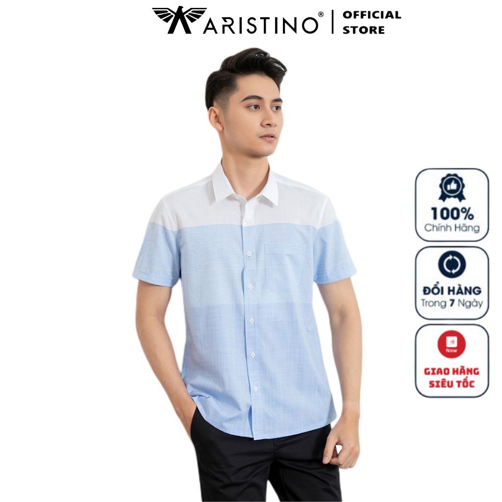 Áo Sơ Mi Nam Ngắn Tay ARISTINO ASS038S1 Somi Công Sở Cao Cấp Màu Trắng Kẻ Xanh Chất Sơi Sồi Mềm Mát Dáng Suông Tà Bằng