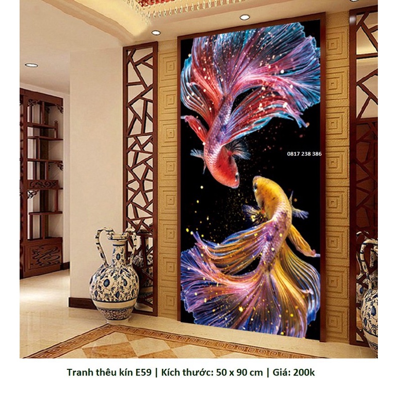 Tranh thêu chữ thập ( giá sỉ) cặp đối cá chép E59 50x90cm, LV3552 (50x90cm); tranh đá LV594 (50x90cm)