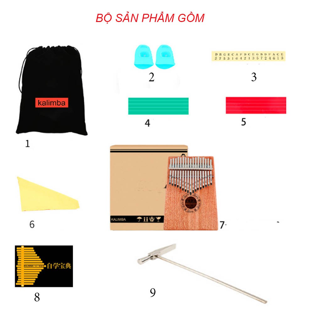 Đàn Kalimba Thumb Piano Hiệu BWS Gỗ Mahogany 17 phím tặng kèm 9 món phụ kiện