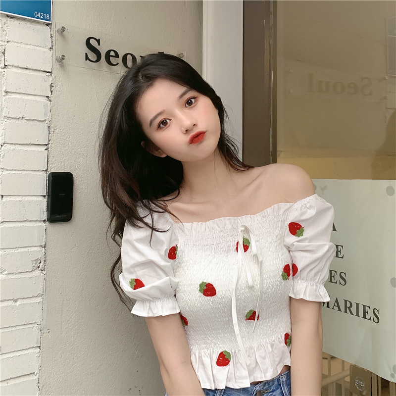 IELGY Áo Kiểu Tay Phồng Thêu Họa Tiết Trái Cây Thời Trang Dành Cho Nữ