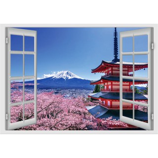 Tranh cửa sổ hoa anh đào và đỉnh núi vào mùa xuân, kích thước cao 70cm x ngang 100cm có keo sẵn mặt sau