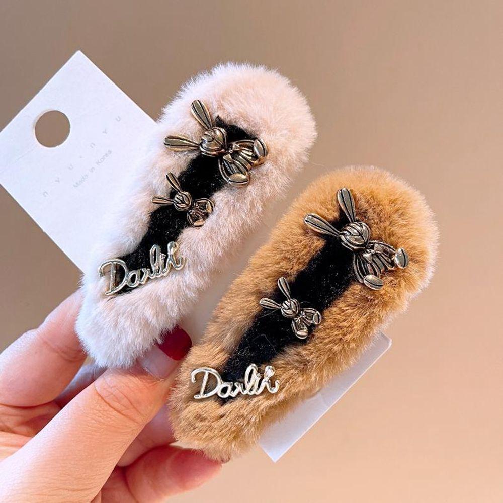 Kẹp Tóc Kim Loại Phối Lông In Chữ Phong Cách Hàn Quốc Thanh Lịch Cho Nữ