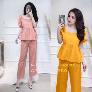 đồ bộ nữ cổ vuông baby doll chất đũi dễ mặc thoáng mát - Bộ đũi cổ vuông babydoll quần dài