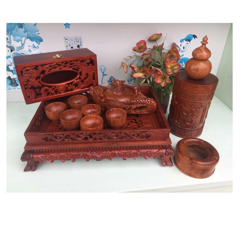 Bộ Khay Trà Gỗ Hương  Trạm Khắc Đầu Rồng Tinh Xảo - Nghệ Nhân Việt - Giàu Tính Truyền Thống