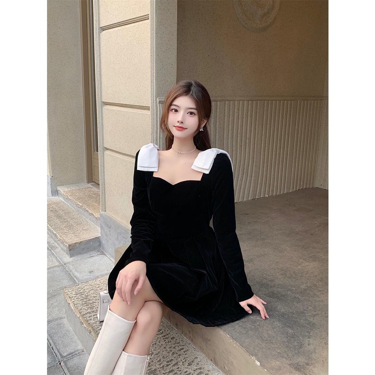 Đầm Xòe Nữ Vải Nhung Màu Đen Dài Váy Liền Cổ Vuông Vai Phối Nơ Trắng Phong Cách Pháp Hàng Quảng Châu Cao Cấp Đi ăn Tiệc | BigBuy360 - bigbuy360.vn