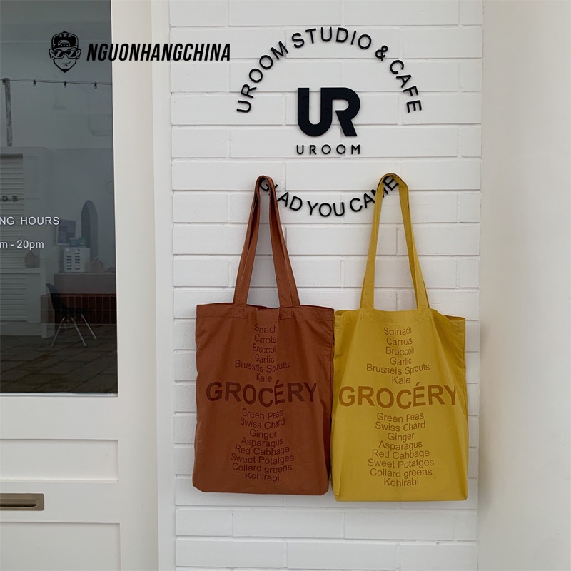 Túi Tote phong cách Hàn Quốc nhiều màu chất liệu canvas in chữ Grocery