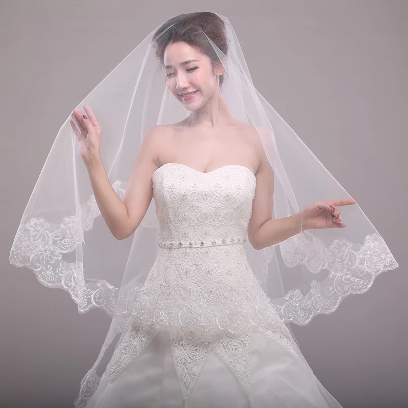Khăn Voan Cô Dâu Viền Ren Trắng Mới Với Lược Cài Tóc 1.5M