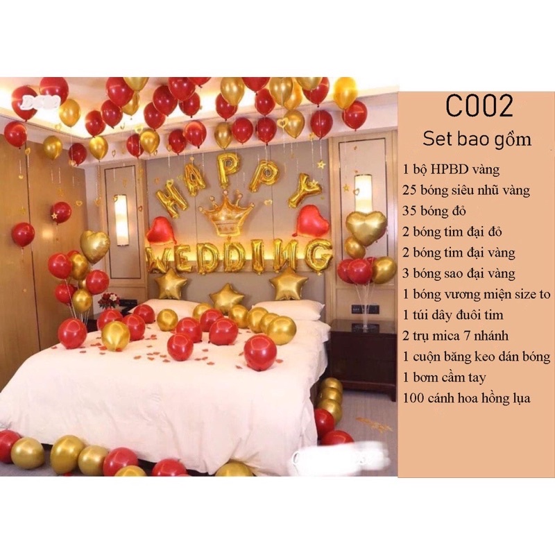 Sét Bóng Trang Trí Phòng Cưới, Tân Hôn Tặng Cánh Hoa Hồng + Bơm Keo