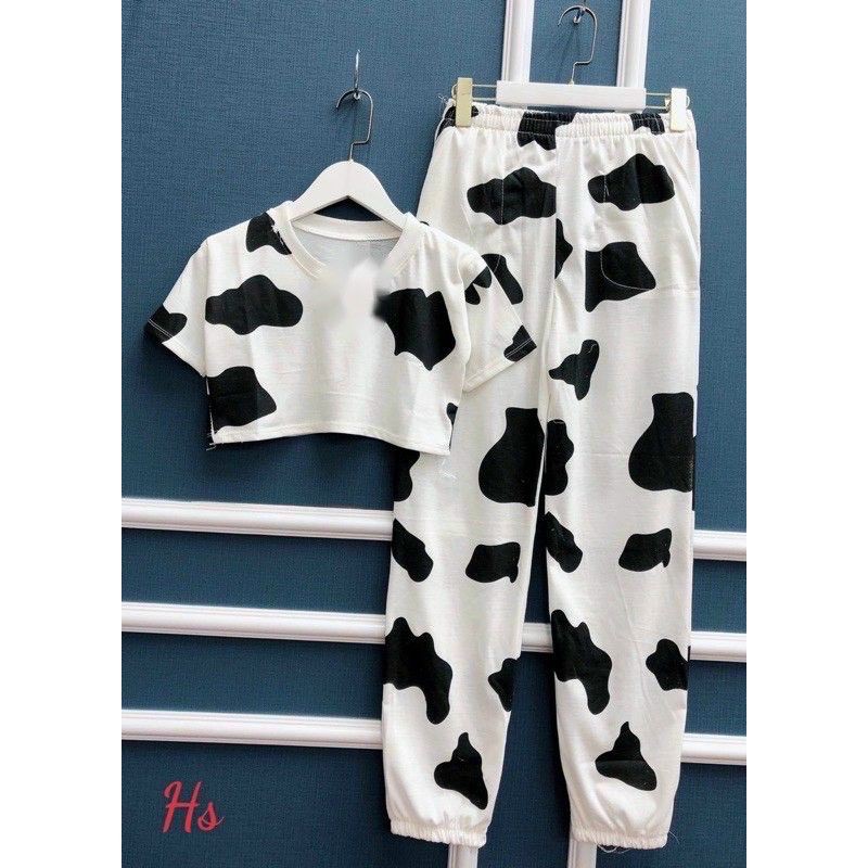 COMBO ĐỒ BỘ CROPTOP + NÓN KẾT IN BÒ SỮA