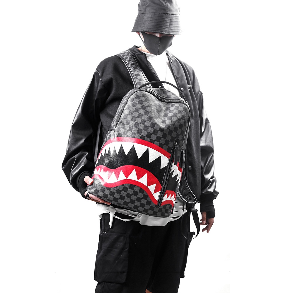 Balo SprayGround Caro/Black phong cách Bape cá mập, Bape Backpack, Chất liệu da chống nước size 32x40 DuSo