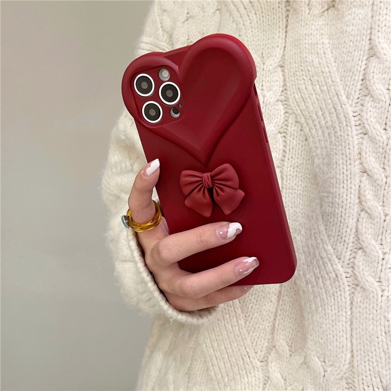 Ốp điện thoại TPU mềm siêu mỏng đính nơ màu đỏ rượu vang thời trang cho IPhone 13 12 11 Pro Max X XR8 7 Plus