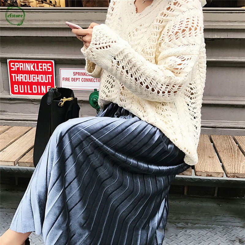 Chân váy nhung xếp li lưng cao xinh xắn cho nữ