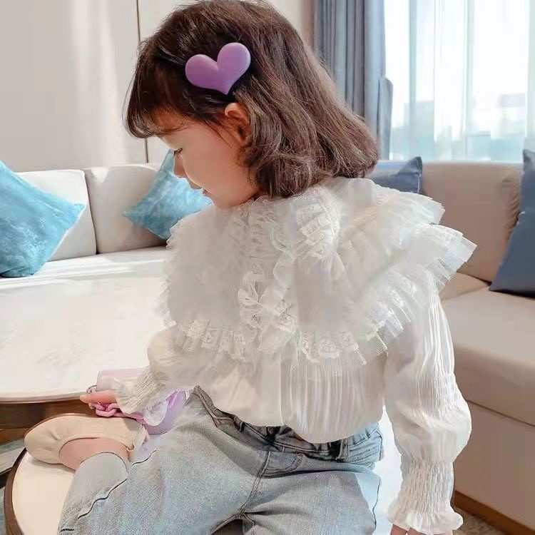 Áo Sơ Mi Trắng Tay Dài Cổ Búp Bê Dễ Thương Xinh Xắn Dành Cho Bé Gái