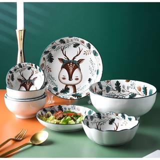 Bộ chén bát ăn cơm, đĩa khay gốm sứ Nai decor cao cấp