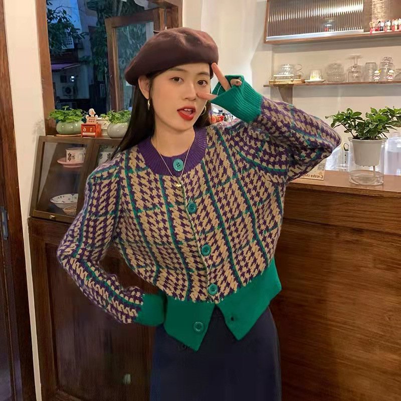 Áo len cadigan dáng ngắn có khuy cài kẻ caro thời trang trẻ trung