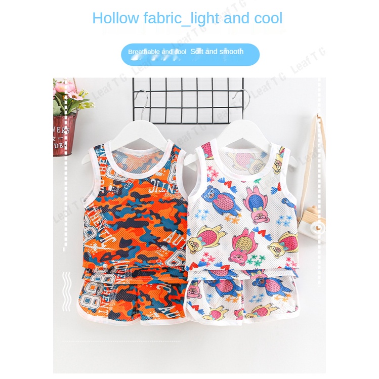 Bộ Áo Sát Nách Phối Quần Short Lưới Mỏng Thoáng Khí In Hình Gấu Hoạt Hình Dễ Thương Cho Bé 0-18 Tháng Tuổi