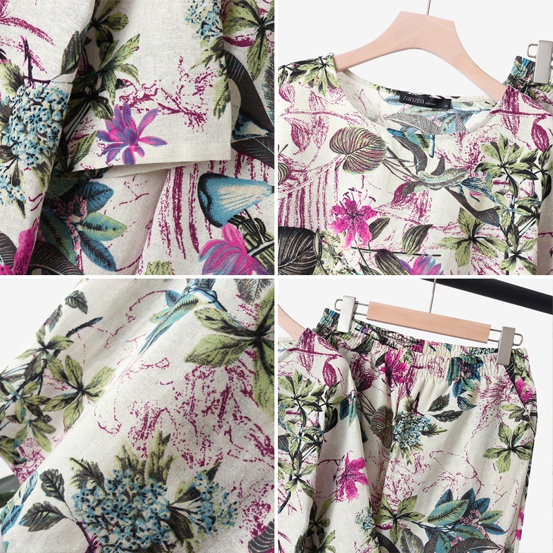 Bộ đồ 2 món ZANZEA gồm áo thun tay ngắn cổ tròn và quần dài in họa tiết dễ thương thời trang dành cho nữ