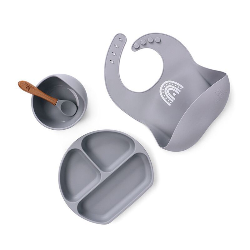 Bộ 4 Món Gồm Yếm Ăn + Đĩa + Muỗng + Yếm Ăn Bằng Silicone Chống Nước Cho Bé Sơ Sinh