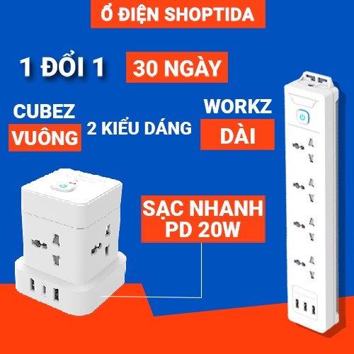 [Quà Tặng] Ổ cắm điện đa năng shoptida có sạc nhanh PD 20W cổng USB + typeC, 4-6 lỗ cắm tải 2500W