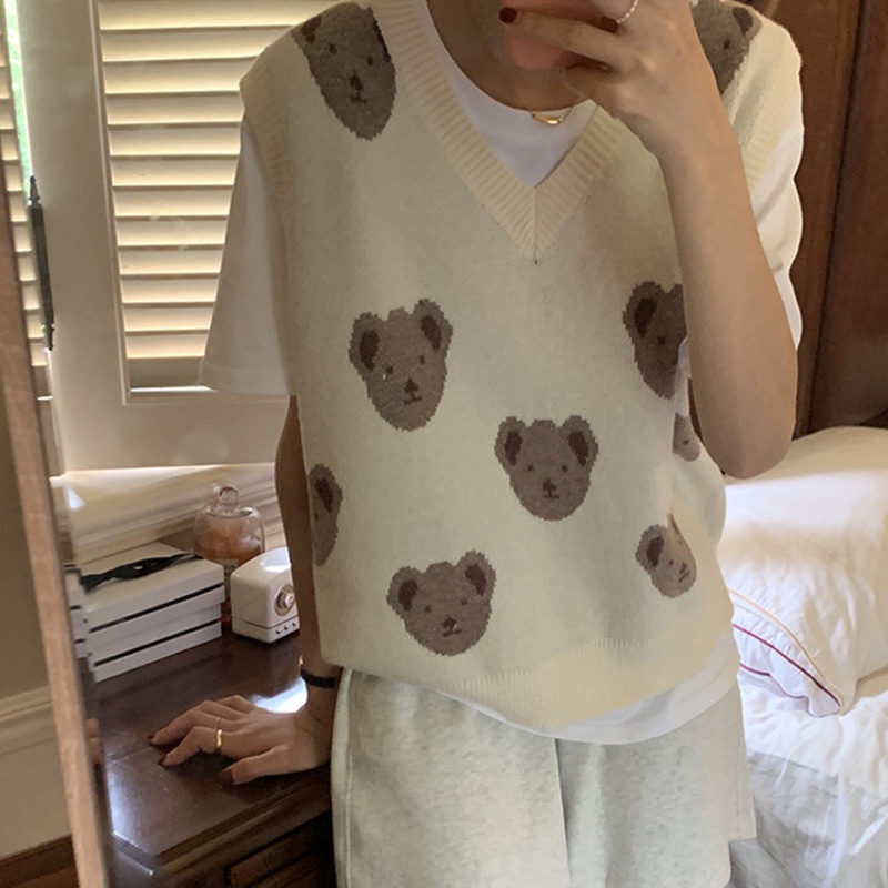 Áo len không tay cổ chữ v form rộng phong cách Hàn quốc