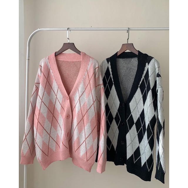 (giá thấp nhất) ÁO CARDIGAN LEN QUẢNG CHÂU ÁO KHOÁC HÌNH THOI MÀU ĐEN HỒNG KẺ SỌC PHONG CÁCH HÀN QUỐC