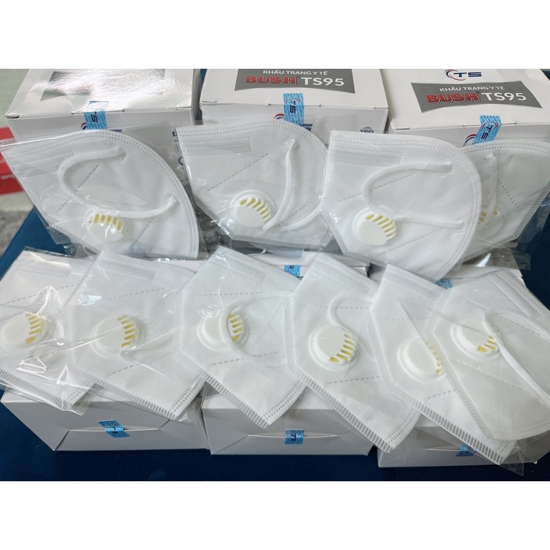 Khẩu trang y tế BUSH TS95 5 lớp có VAN THỞ (1 HỘP) kháng khuẩn ngăn bụi mịn ôm khít mặt và thoáng đẹp - MÀU TRẮNG