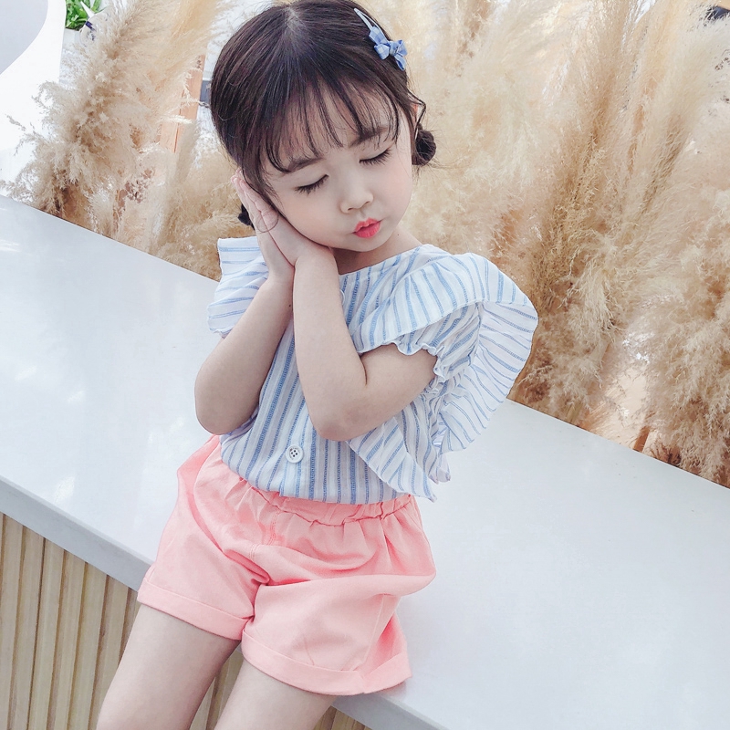 0-5 year old girl baby suit casual fashion striped short-sleeved shirt with 2 sets of children's shorts