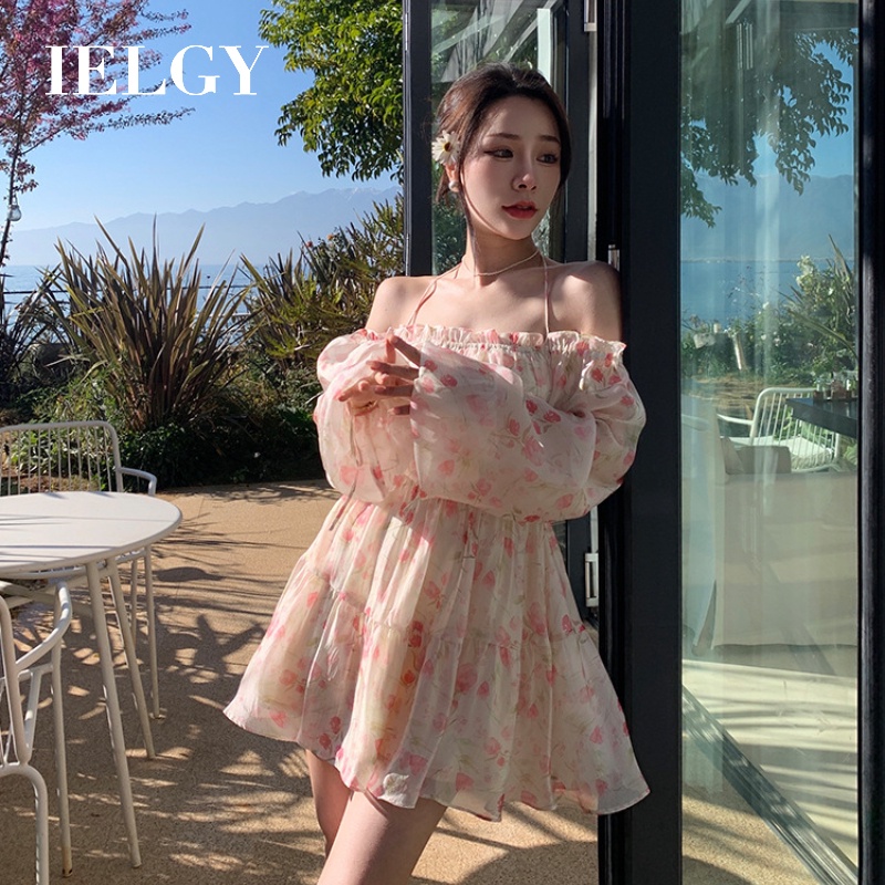 Đầm IELGY cổ vuông tay phồng in họa tiết hoa tulip thời trang mùa hè cho nữ