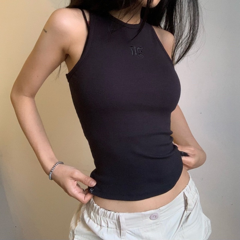 Áo Tank Top Dáng Dài Thêu M tiemmem - Trắng , Đen