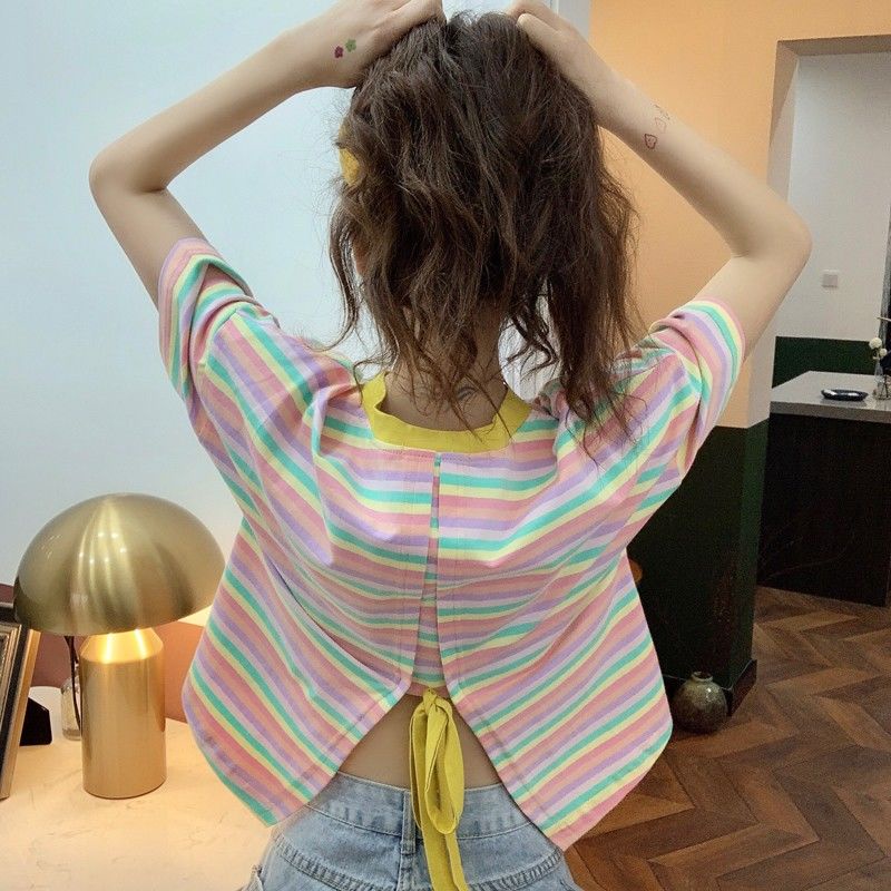 Áo Thun Tay Ngắn Dáng Rộng Họa Tiết Kẻ Sọc Cầu Vồng Phong Cách Hàn Quốc Thời Trang Mùa Hè 2022 Mới