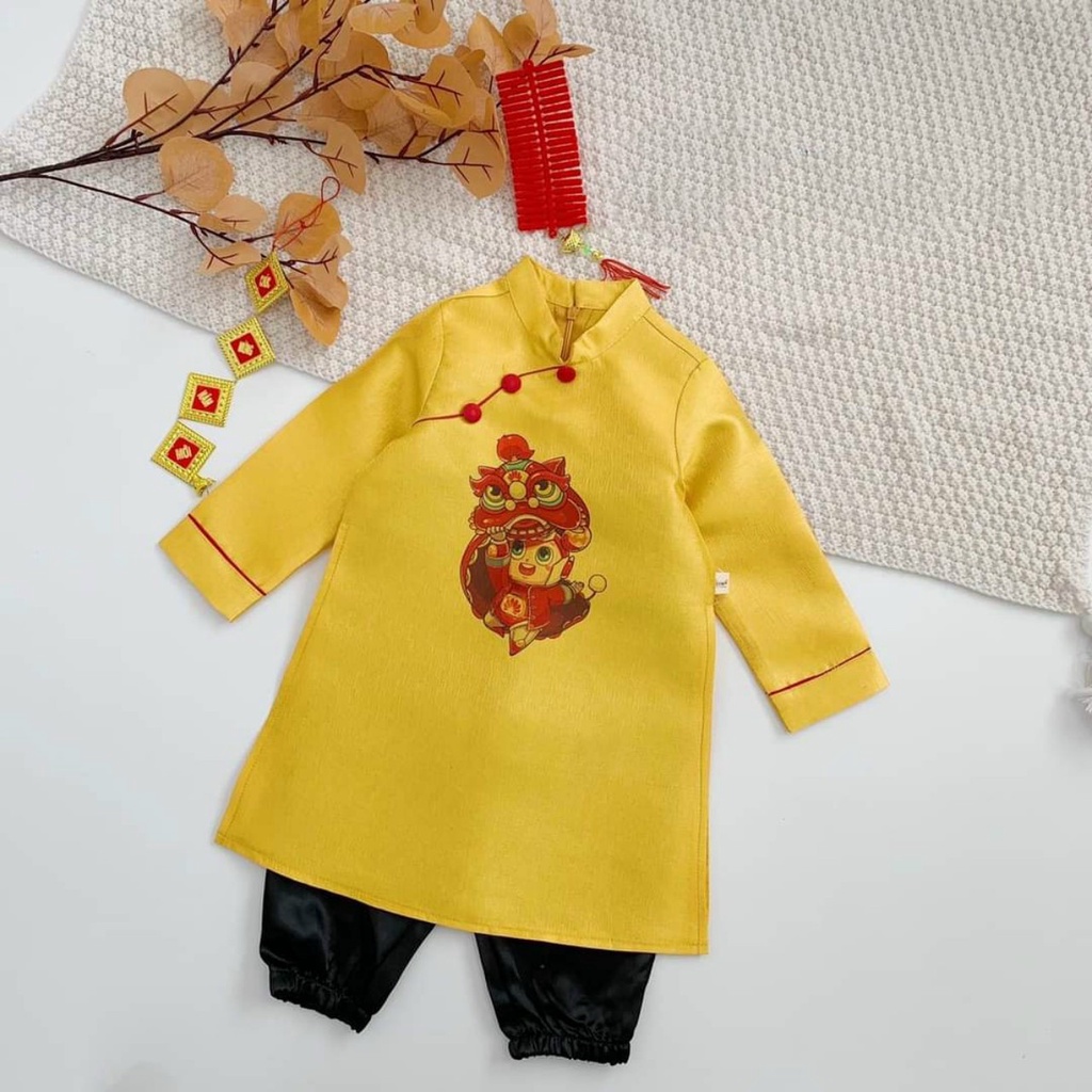 Áo dài cách tân bé trai thêu hình Lân sư chất liệu tafta cao cấp - L04