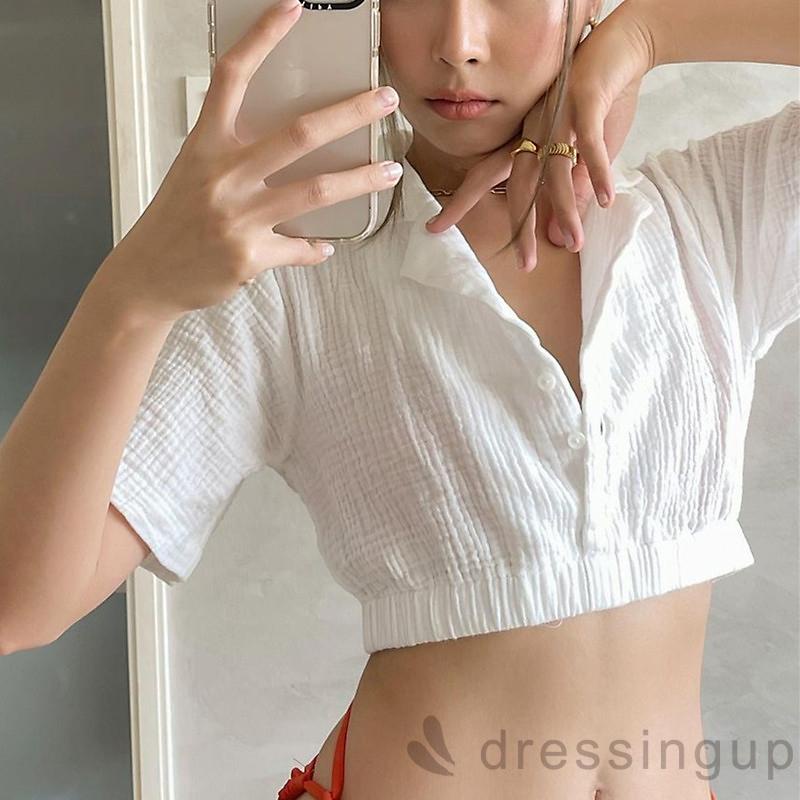 DRESSINGUP-Áo ngắn tay màu sắc đơn giản thiết kế thời trang