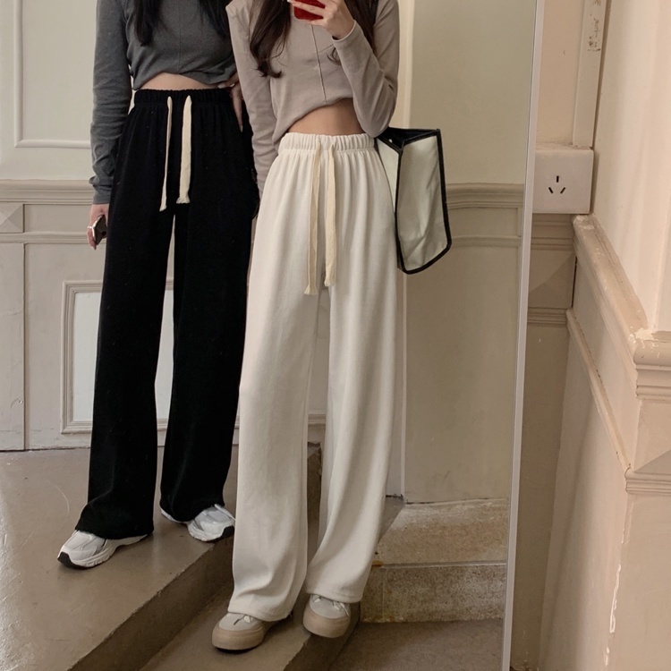 QADCOL Quần dài QADCOL lưng cao ống rộng màu trơn phối dây rút thời trang cá tính cho nữ