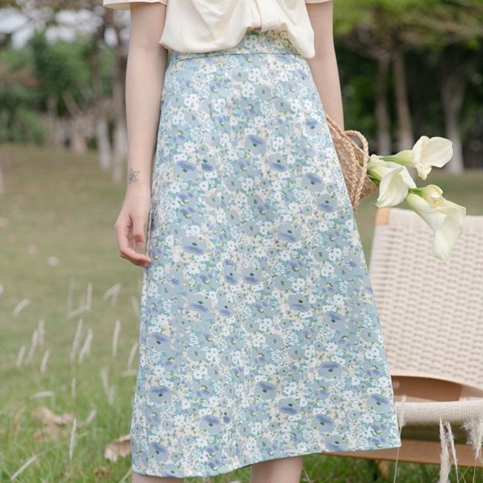 Chân váy IELGY dáng chữ A lưng cao họa tiết hoa nhí xinh xắn phong cách retro kiểu Pháp